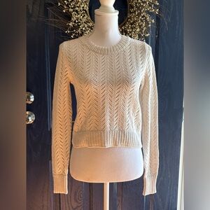 LOFT Ivory 100% Cotton Chevron Knit Crew Neck Sweater size Small NWT